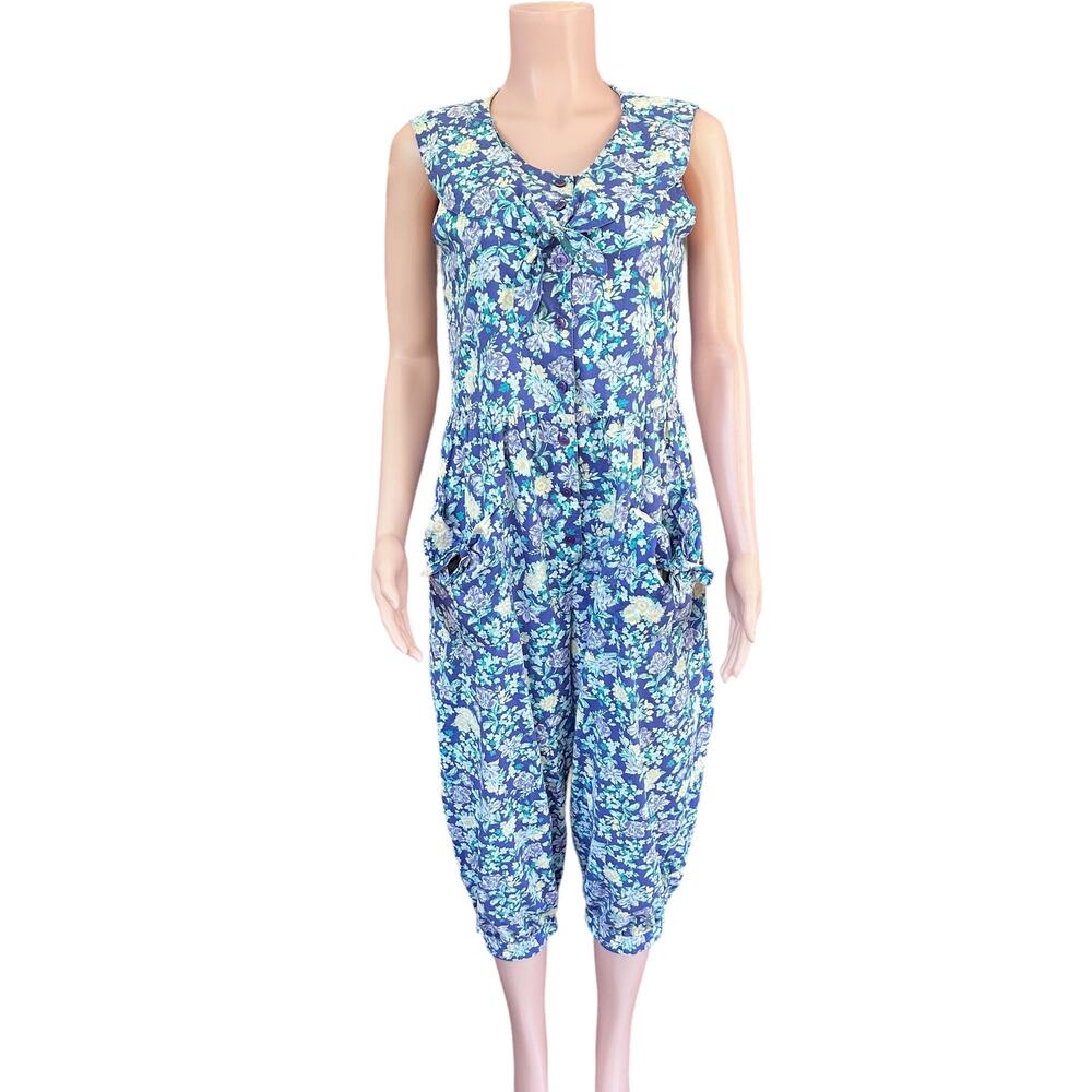 80s Laura Ashley Floral Jumpsuit Sailor Collar 100% Cotton Vintage 1980s Medium